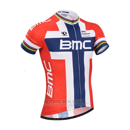 2014 Fahrradbekleidung BMC Champion Norwegen Blau und Rot Trikot Kurzarm und Tragerhose